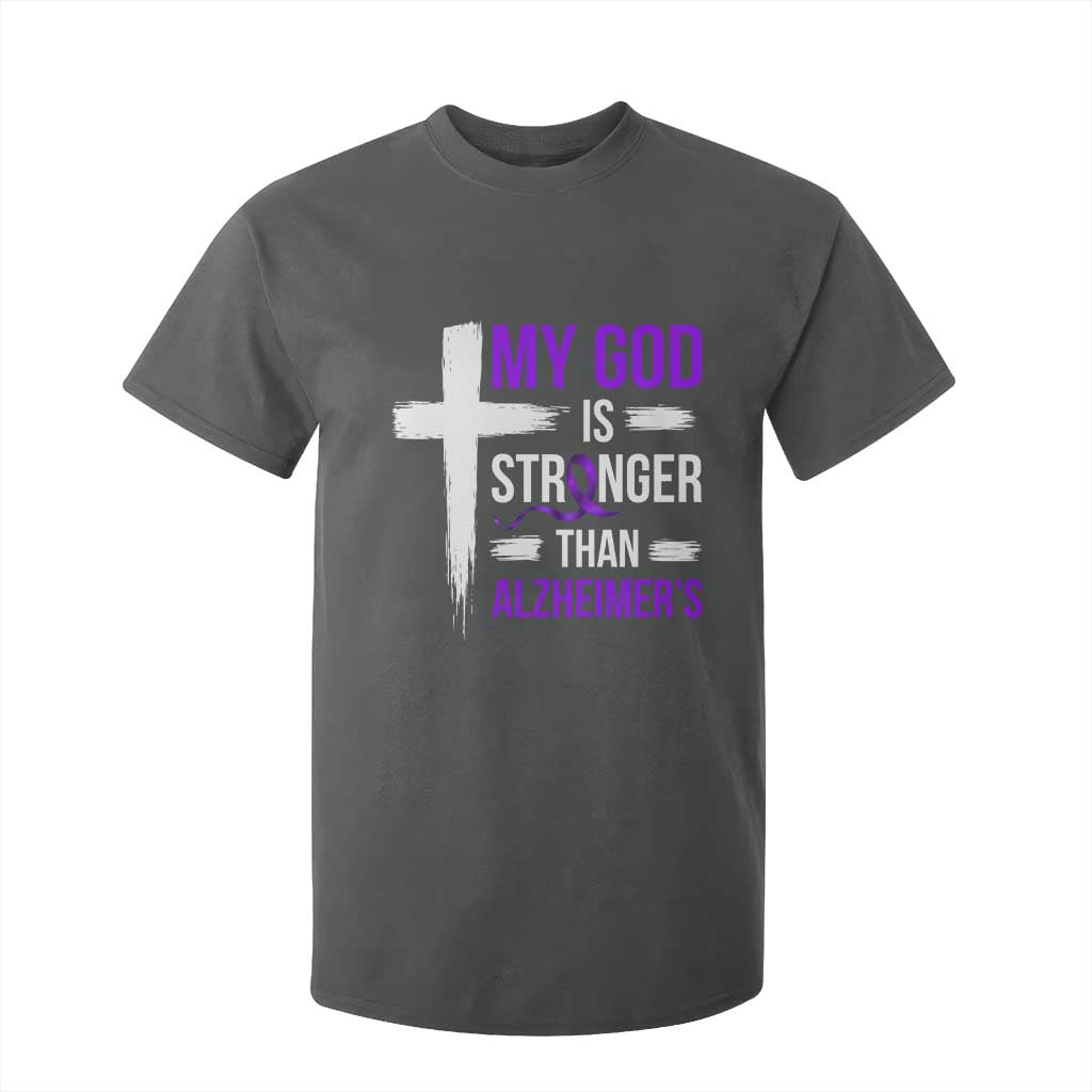 My God Is Stronger Than Alzheimers T Shirt For Kid Christian Purple Ribbon Faith Support