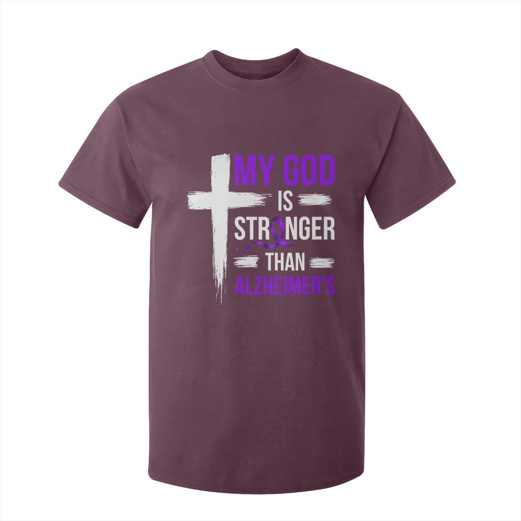 My God Is Stronger Than Alzheimers T Shirt For Kid Christian Purple Ribbon Faith Support