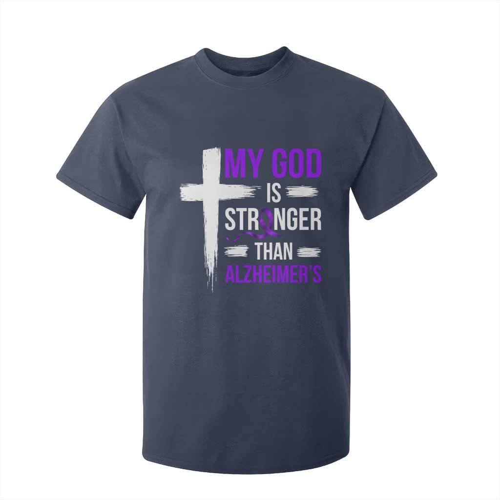 My God Is Stronger Than Alzheimers T Shirt For Kid Christian Purple Ribbon Faith Support