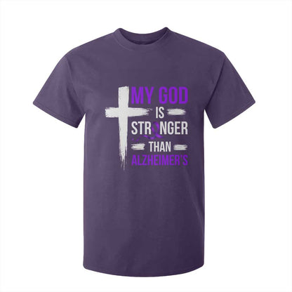 My God Is Stronger Than Alzheimers T Shirt For Kid Christian Purple Ribbon Faith Support
