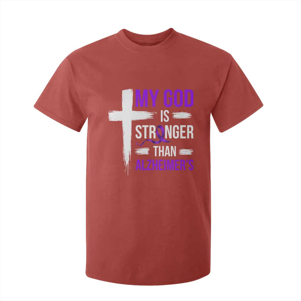 My God Is Stronger Than Alzheimers T Shirt For Kid Christian Purple Ribbon Faith Support