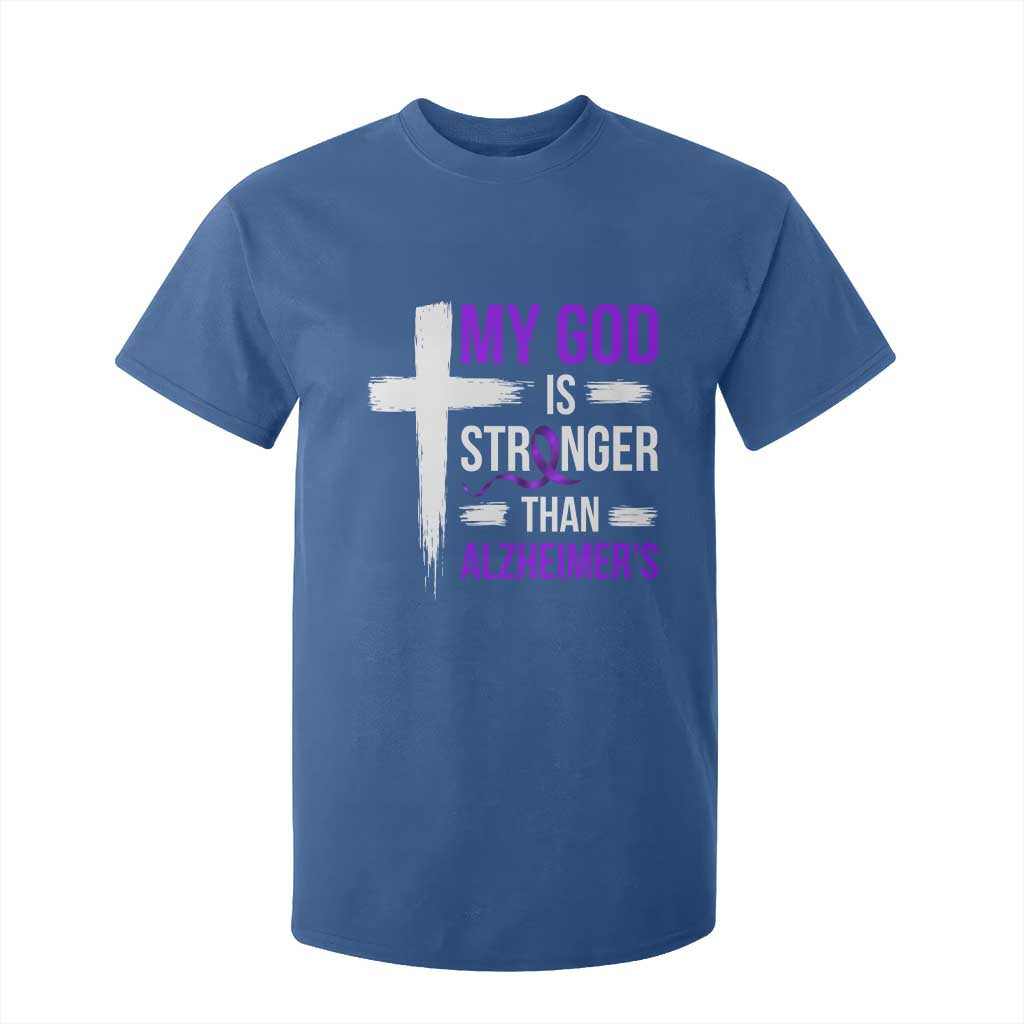 My God Is Stronger Than Alzheimers T Shirt For Kid Christian Purple Ribbon Faith Support