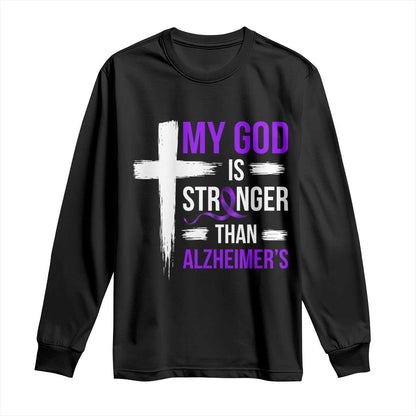 My God Is Stronger Than Alzheimers Long Sleeve Shirt Christian Purple Ribbon Faith Support