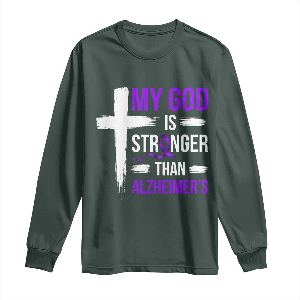 My God Is Stronger Than Alzheimers Long Sleeve Shirt Christian Purple Ribbon Faith Support