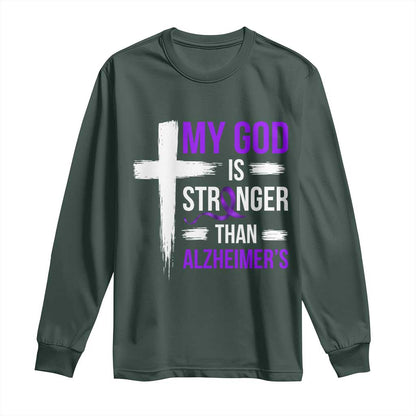 My God Is Stronger Than Alzheimers Long Sleeve Shirt Christian Purple Ribbon Faith Support