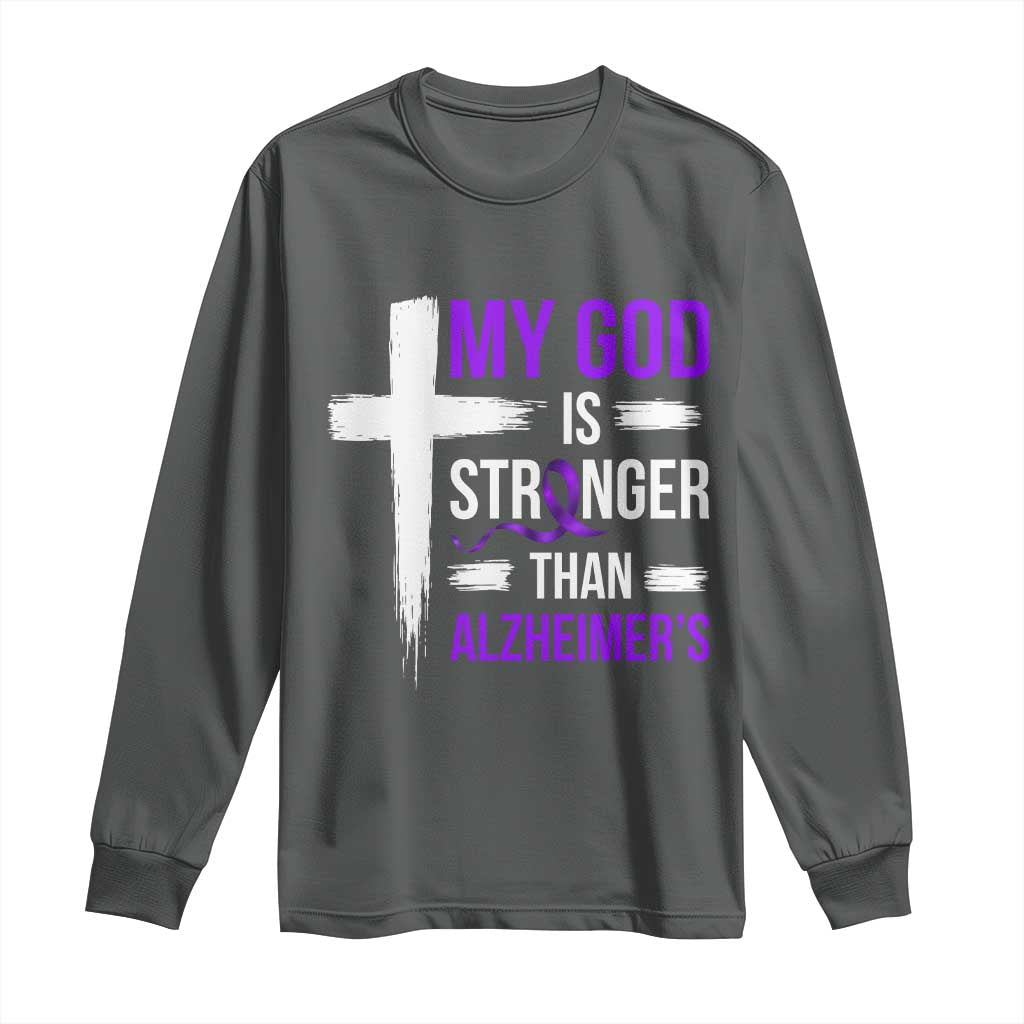 My God Is Stronger Than Alzheimers Long Sleeve Shirt Christian Purple Ribbon Faith Support