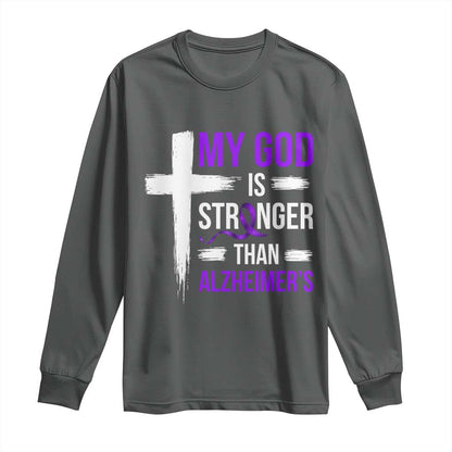 My God Is Stronger Than Alzheimers Long Sleeve Shirt Christian Purple Ribbon Faith Support