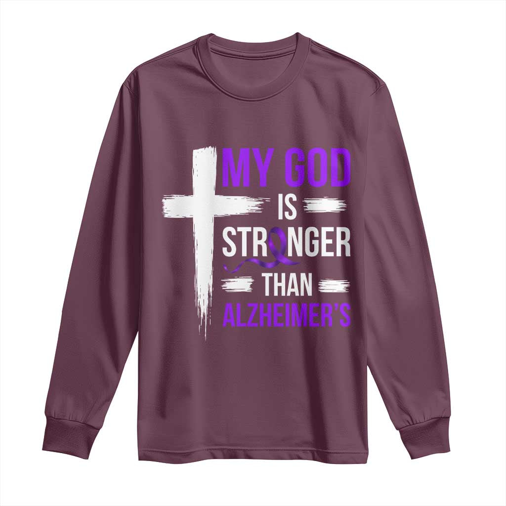 My God Is Stronger Than Alzheimers Long Sleeve Shirt Christian Purple Ribbon Faith Support