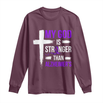 My God Is Stronger Than Alzheimers Long Sleeve Shirt Christian Purple Ribbon Faith Support