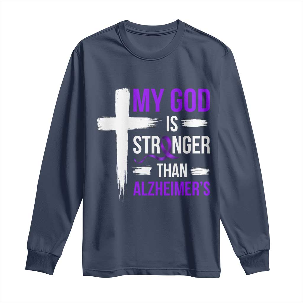 My God Is Stronger Than Alzheimers Long Sleeve Shirt Christian Purple Ribbon Faith Support