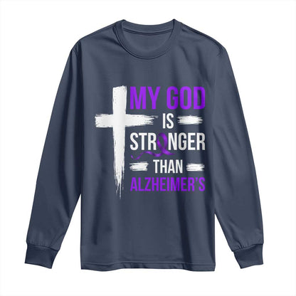 My God Is Stronger Than Alzheimers Long Sleeve Shirt Christian Purple Ribbon Faith Support