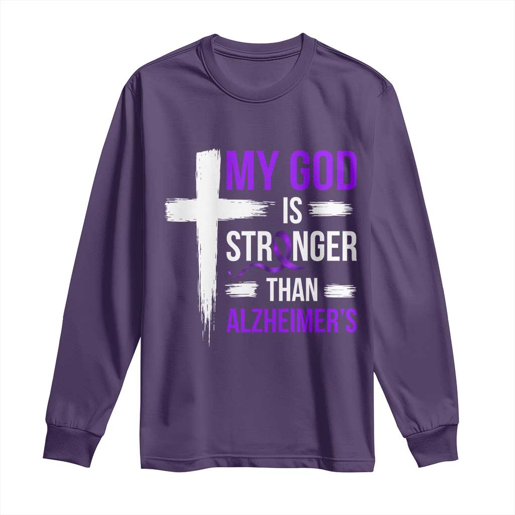 My God Is Stronger Than Alzheimers Long Sleeve Shirt Christian Purple Ribbon Faith Support