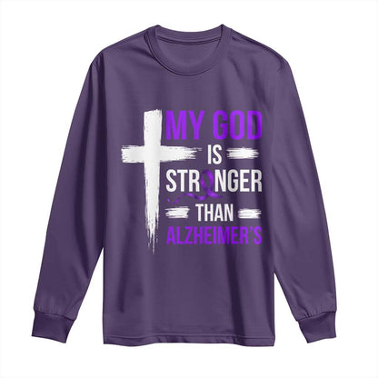 My God Is Stronger Than Alzheimers Long Sleeve Shirt Christian Purple Ribbon Faith Support