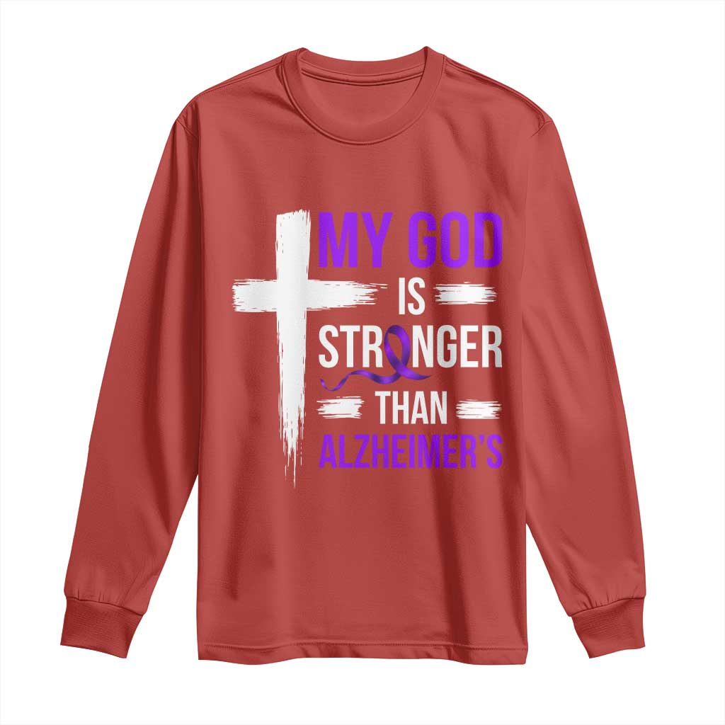 My God Is Stronger Than Alzheimers Long Sleeve Shirt Christian Purple Ribbon Faith Support