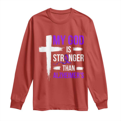 My God Is Stronger Than Alzheimers Long Sleeve Shirt Christian Purple Ribbon Faith Support