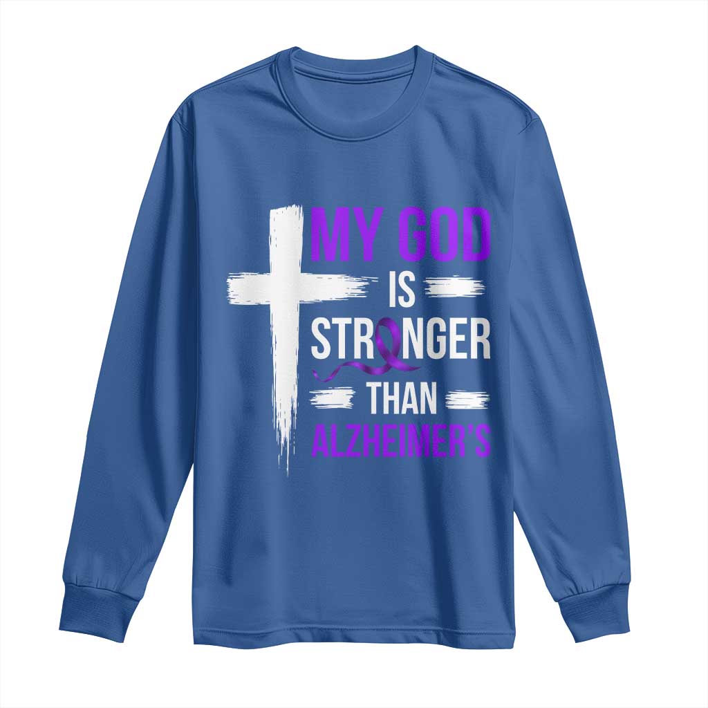 My God Is Stronger Than Alzheimers Long Sleeve Shirt Christian Purple Ribbon Faith Support