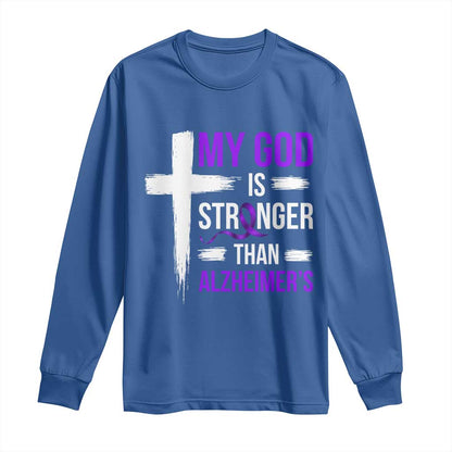 My God Is Stronger Than Alzheimers Long Sleeve Shirt Christian Purple Ribbon Faith Support