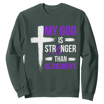 My God Is Stronger Than Alzheimers Sweatshirt Christian Purple Ribbon Faith Support