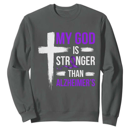 My God Is Stronger Than Alzheimers Sweatshirt Christian Purple Ribbon Faith Support