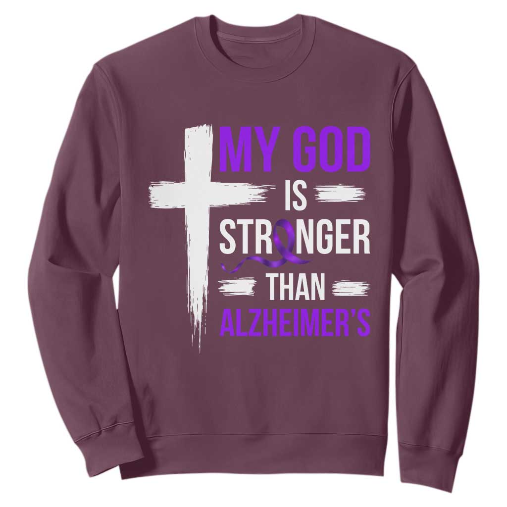 My God Is Stronger Than Alzheimers Sweatshirt Christian Purple Ribbon Faith Support