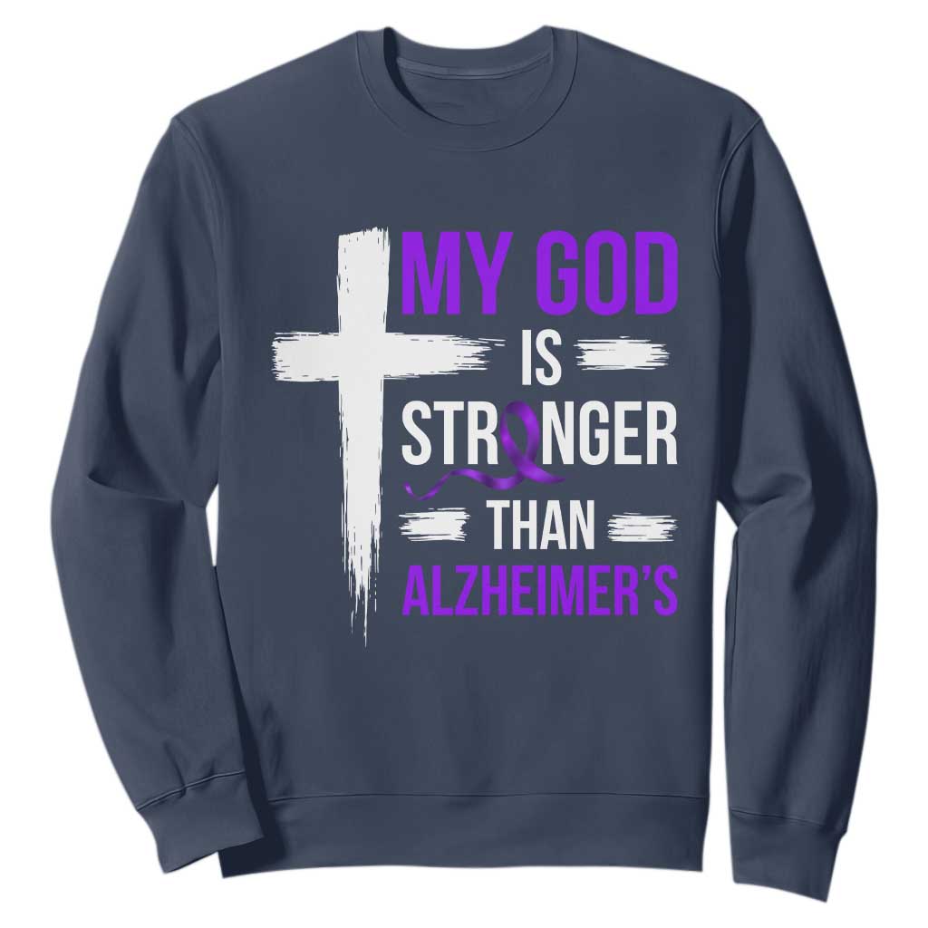 My God Is Stronger Than Alzheimers Sweatshirt Christian Purple Ribbon Faith Support