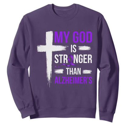 My God Is Stronger Than Alzheimers Sweatshirt Christian Purple Ribbon Faith Support