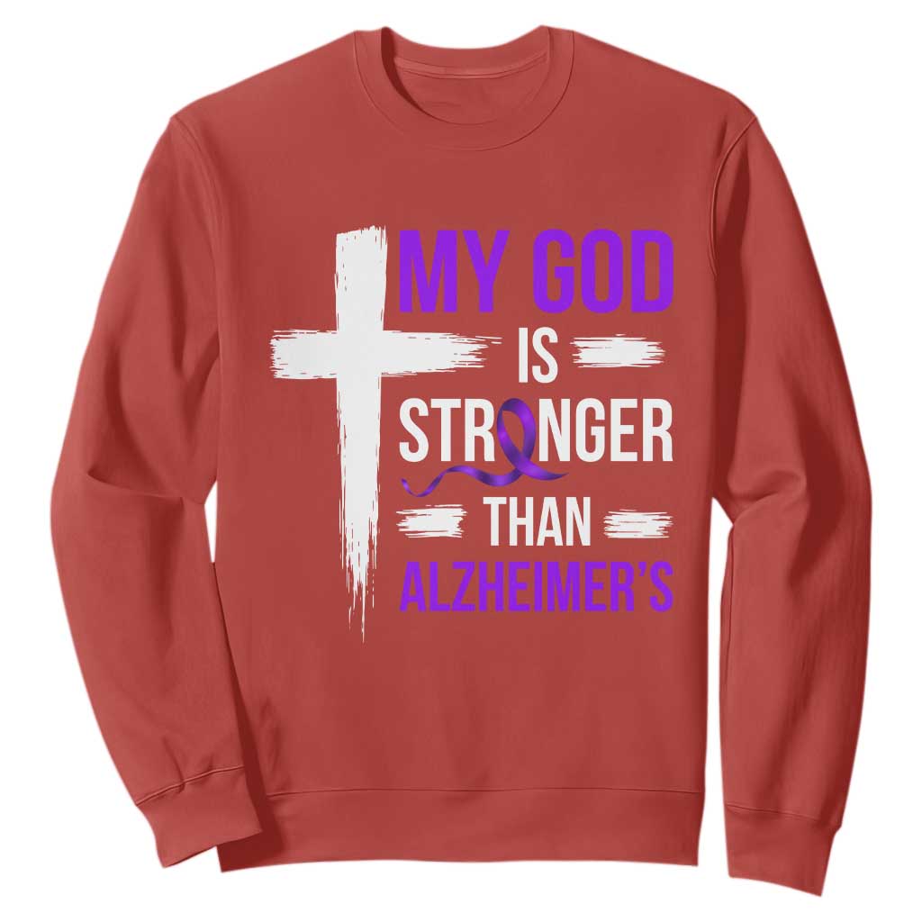 My God Is Stronger Than Alzheimers Sweatshirt Christian Purple Ribbon Faith Support