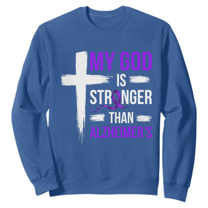 My God Is Stronger Than Alzheimers Sweatshirt Christian Purple Ribbon Faith Support