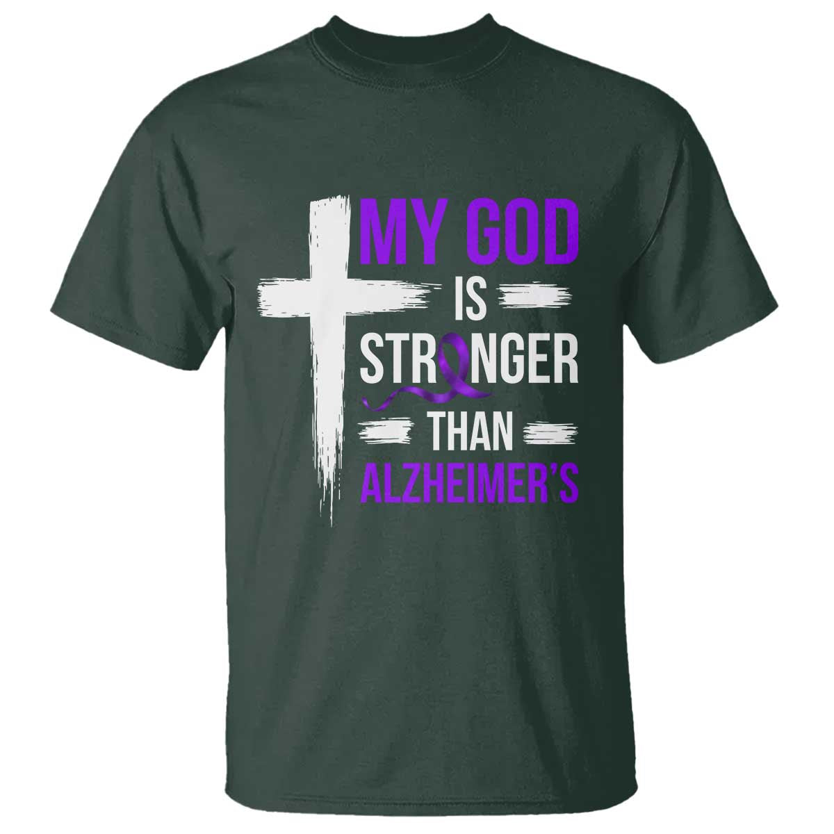 My God Is Stronger Than Alzheimers T Shirt Christian Purple Ribbon Faith Support