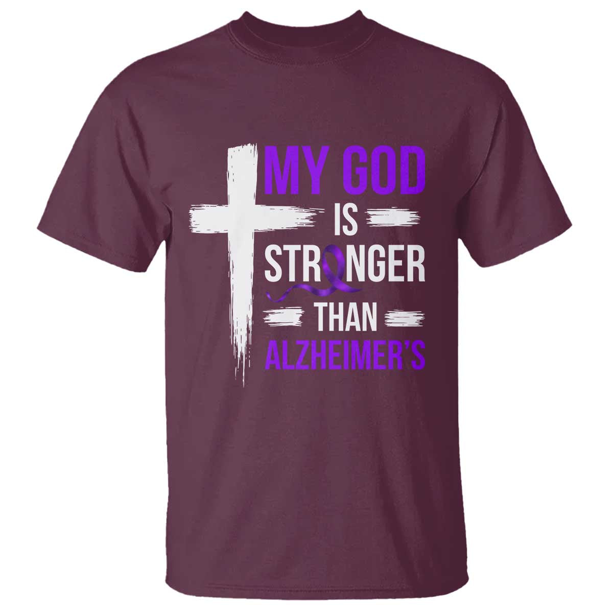 My God Is Stronger Than Alzheimers T Shirt Christian Purple Ribbon Faith Support