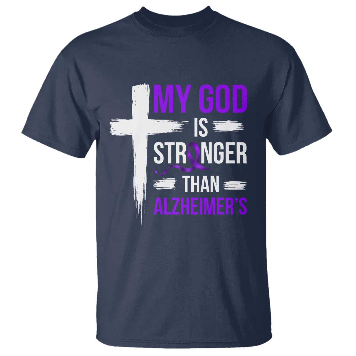 My God Is Stronger Than Alzheimers T Shirt Christian Purple Ribbon Faith Support