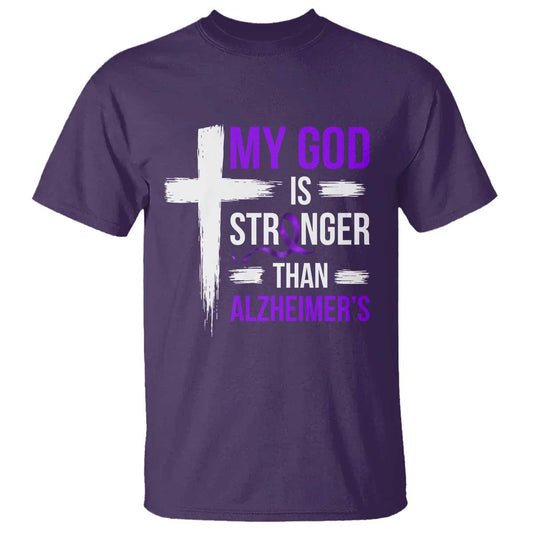 My God Is Stronger Than Alzheimers T Shirt Christian Purple Ribbon Faith Support