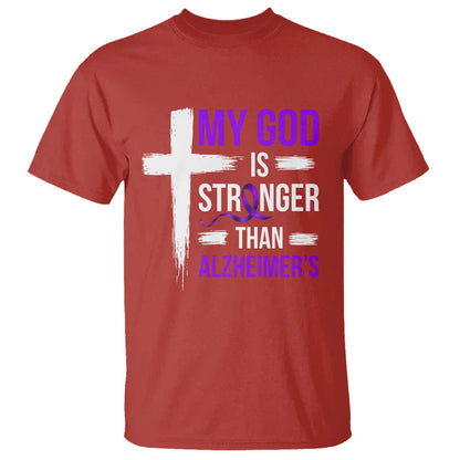 My God Is Stronger Than Alzheimers T Shirt Christian Purple Ribbon Faith Support