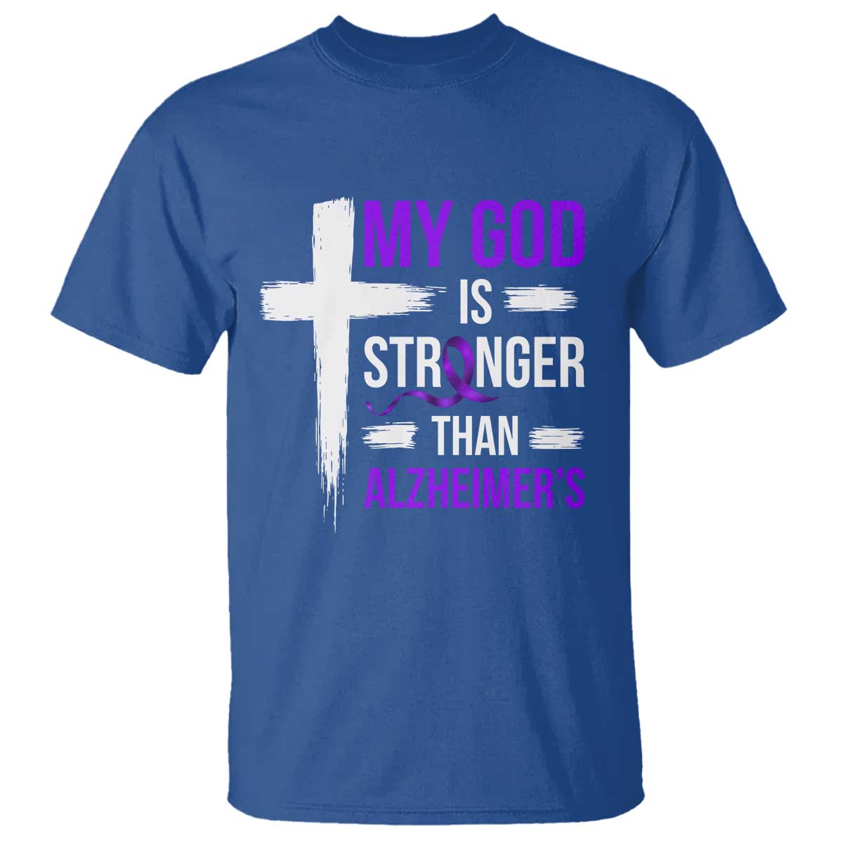 My God Is Stronger Than Alzheimers T Shirt Christian Purple Ribbon Faith Support