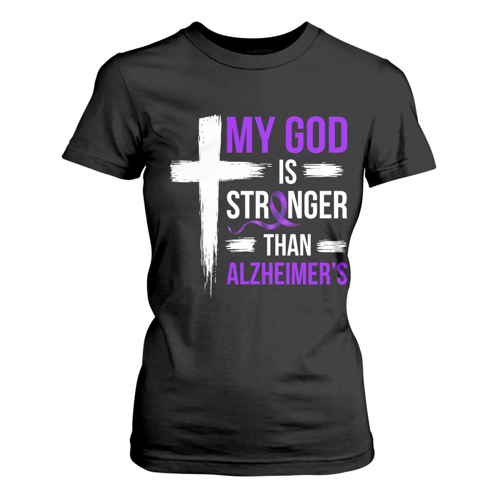 My God Is Stronger Than Alzheimers T Shirt For Women Christian Purple Ribbon Faith Support