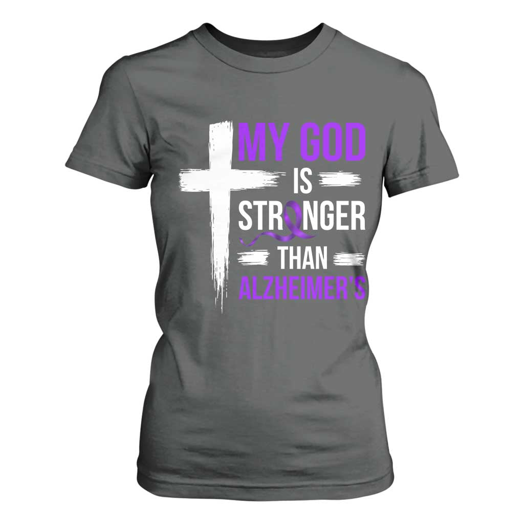 My God Is Stronger Than Alzheimers T Shirt For Women Christian Purple Ribbon Faith Support
