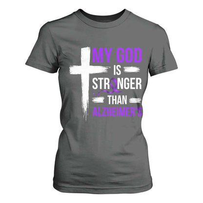 My God Is Stronger Than Alzheimers T Shirt For Women Christian Purple Ribbon Faith Support