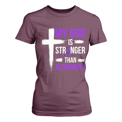 My God Is Stronger Than Alzheimers T Shirt For Women Christian Purple Ribbon Faith Support