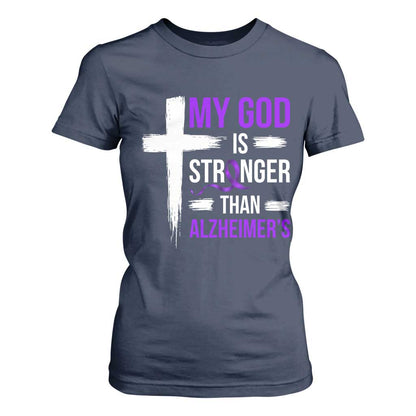 My God Is Stronger Than Alzheimers T Shirt For Women Christian Purple Ribbon Faith Support