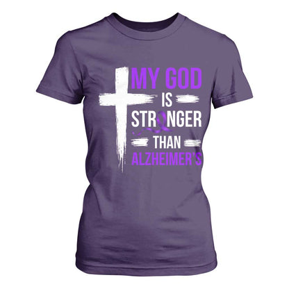 My God Is Stronger Than Alzheimers T Shirt For Women Christian Purple Ribbon Faith Support