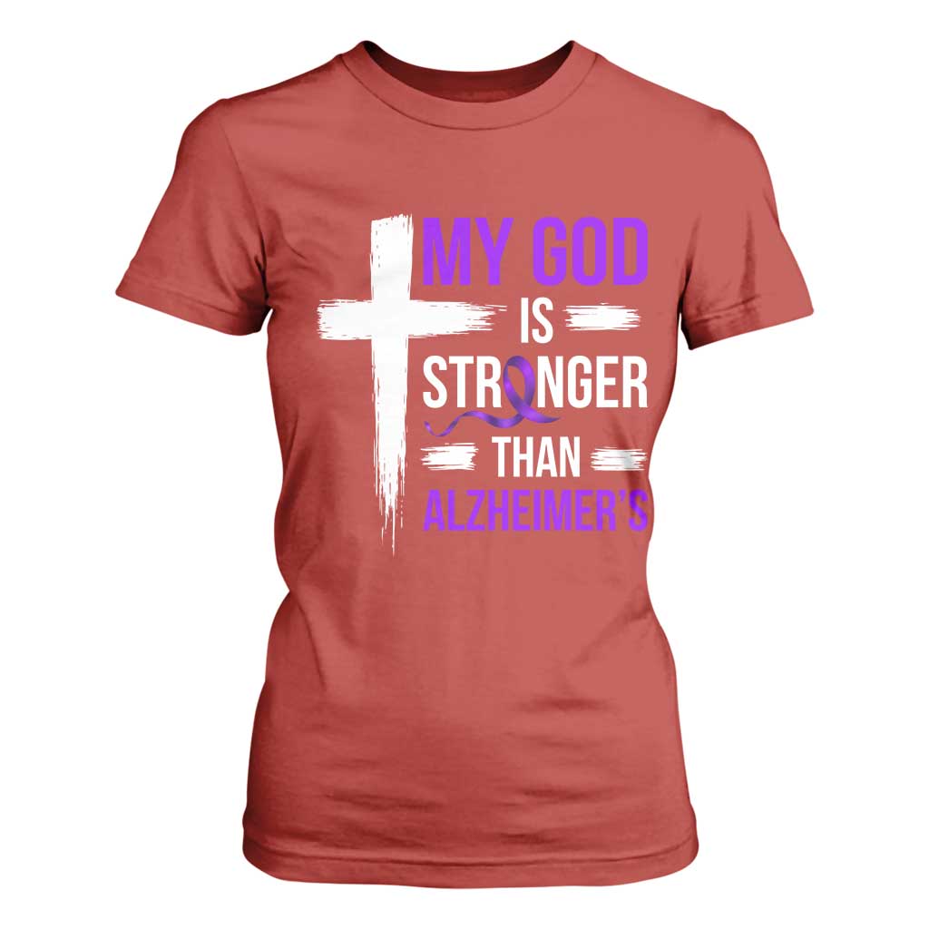 My God Is Stronger Than Alzheimers T Shirt For Women Christian Purple Ribbon Faith Support