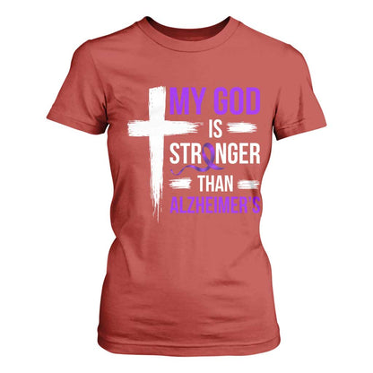 My God Is Stronger Than Alzheimers T Shirt For Women Christian Purple Ribbon Faith Support