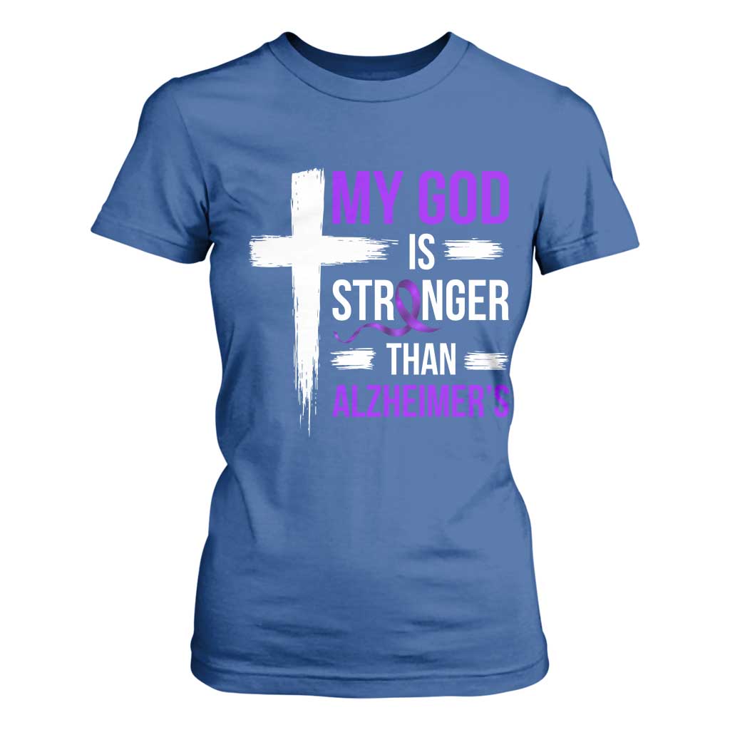 My God Is Stronger Than Alzheimers T Shirt For Women Christian Purple Ribbon Faith Support