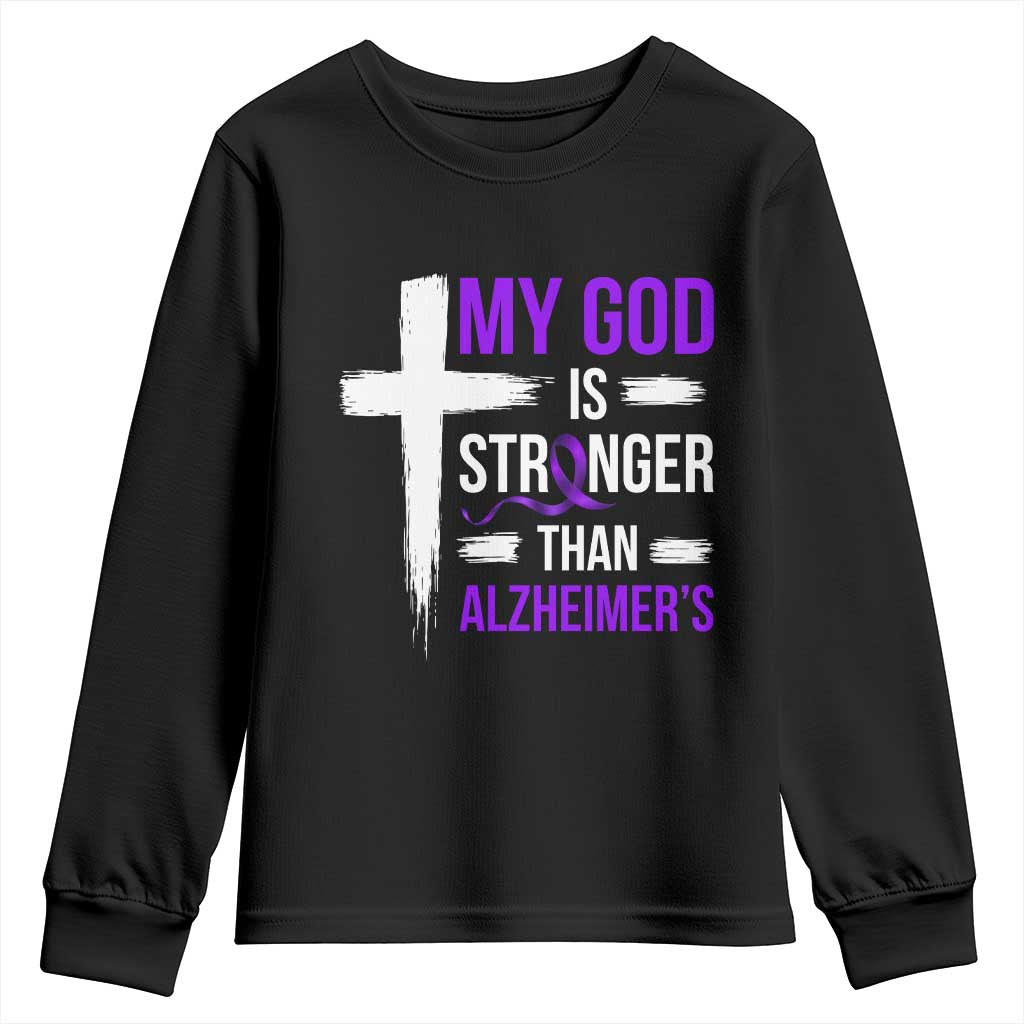 My God Is Stronger Than Alzheimers Youth Sweatshirt Christian Purple Ribbon Faith Support