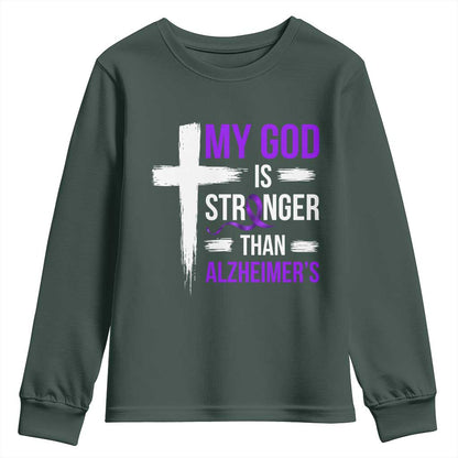 My God Is Stronger Than Alzheimers Youth Sweatshirt Christian Purple Ribbon Faith Support