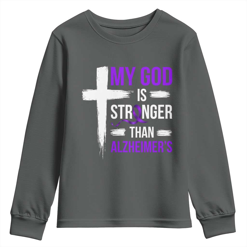 My God Is Stronger Than Alzheimers Youth Sweatshirt Christian Purple Ribbon Faith Support