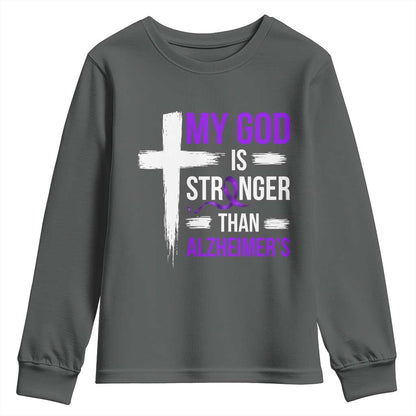 My God Is Stronger Than Alzheimers Youth Sweatshirt Christian Purple Ribbon Faith Support