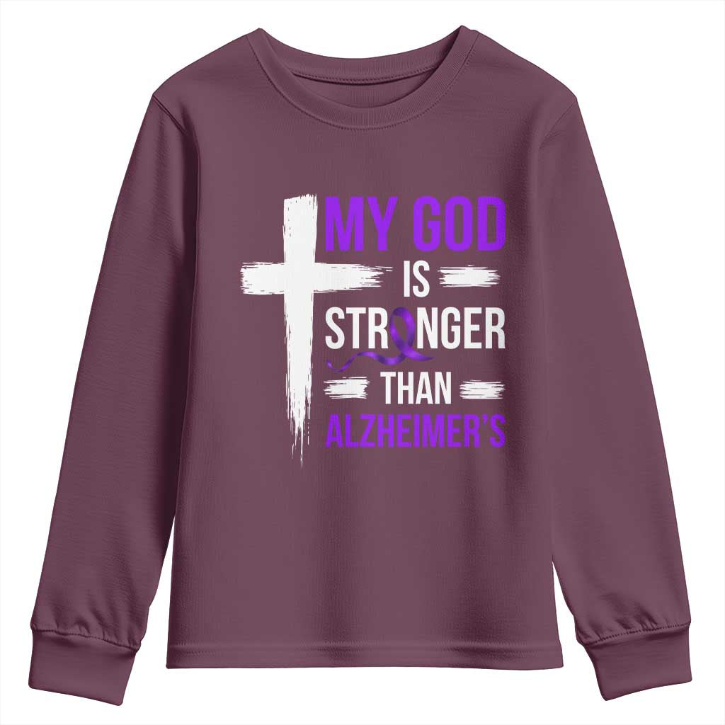 My God Is Stronger Than Alzheimers Youth Sweatshirt Christian Purple Ribbon Faith Support