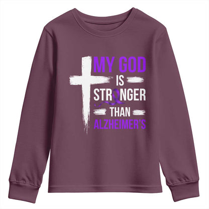 My God Is Stronger Than Alzheimers Youth Sweatshirt Christian Purple Ribbon Faith Support