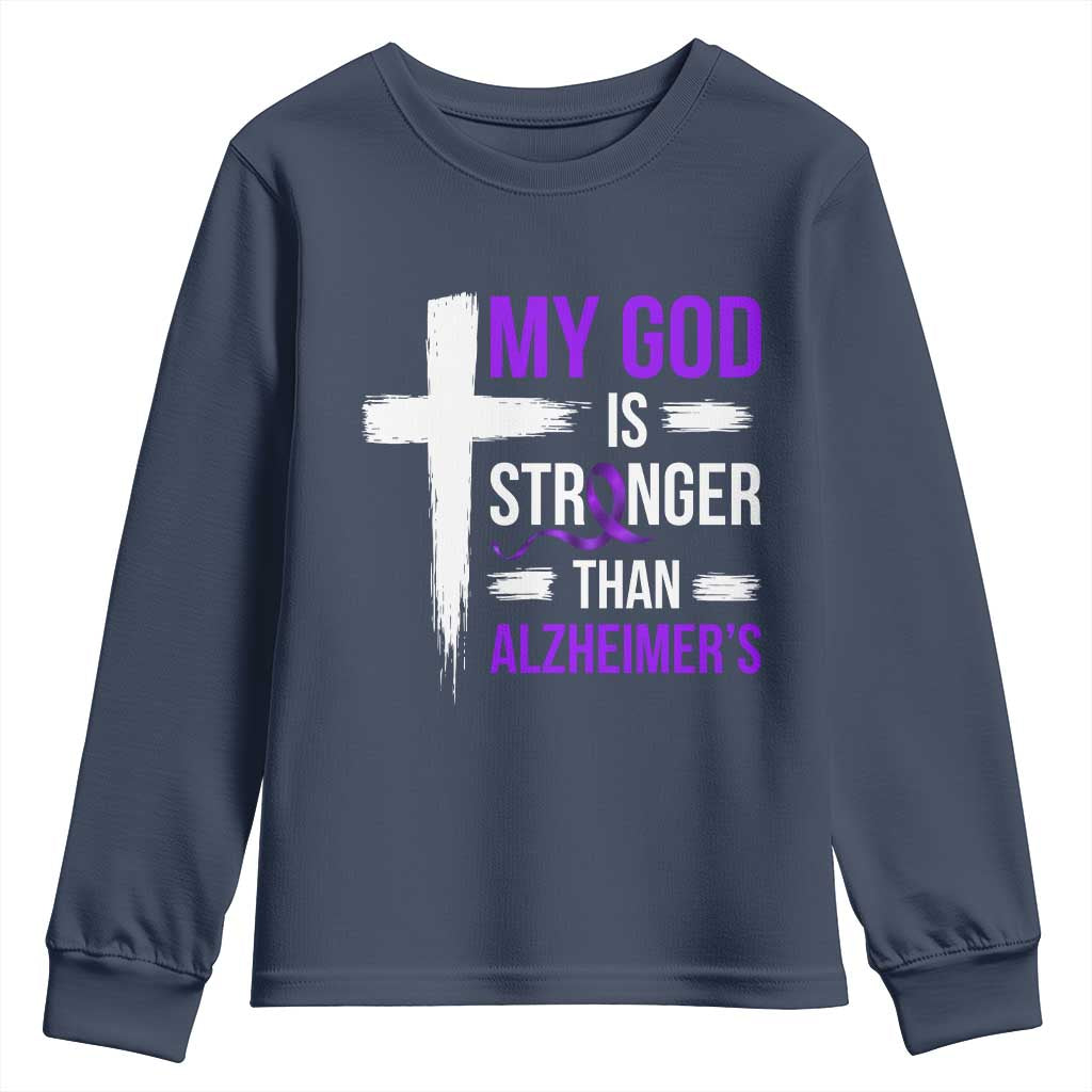 My God Is Stronger Than Alzheimers Youth Sweatshirt Christian Purple Ribbon Faith Support